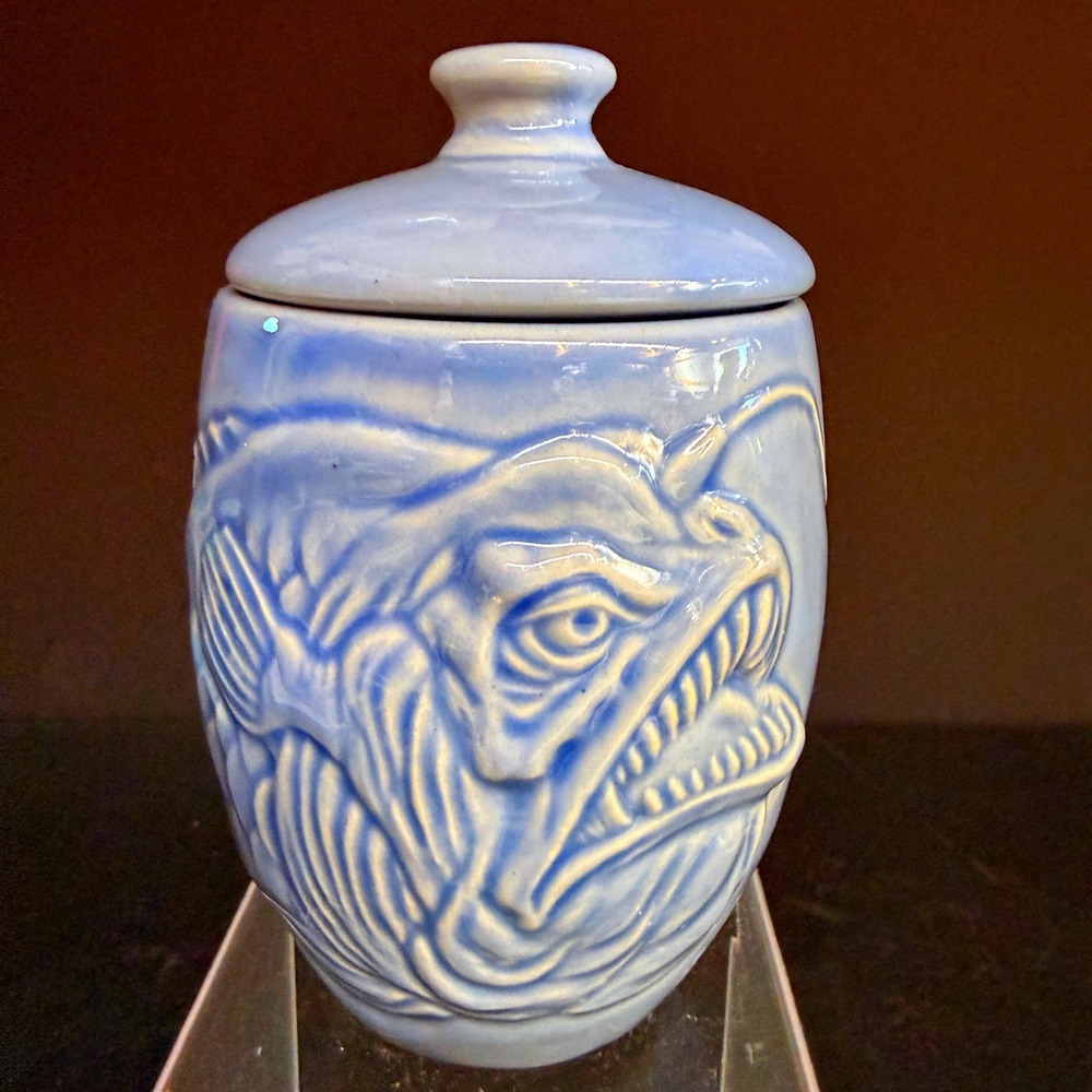 Vintage Blue Ceramic Angler Fish Lidded Jar Embossed Pottery Canister 6in